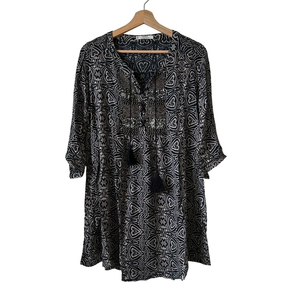Mango Suit Collection Dress Womens M Beige Black Tunic Beaded Tassels